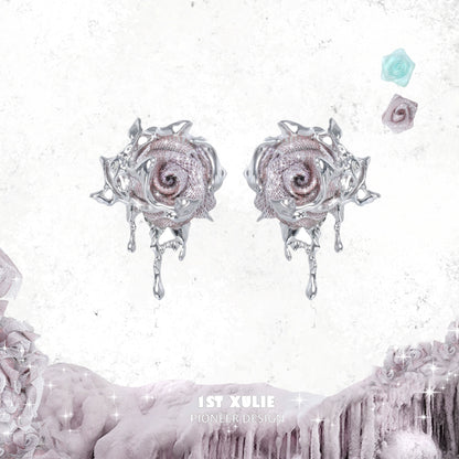 Stylish velvet rose stud earrings with intricate detailing and a silver finish from 1STXULIE