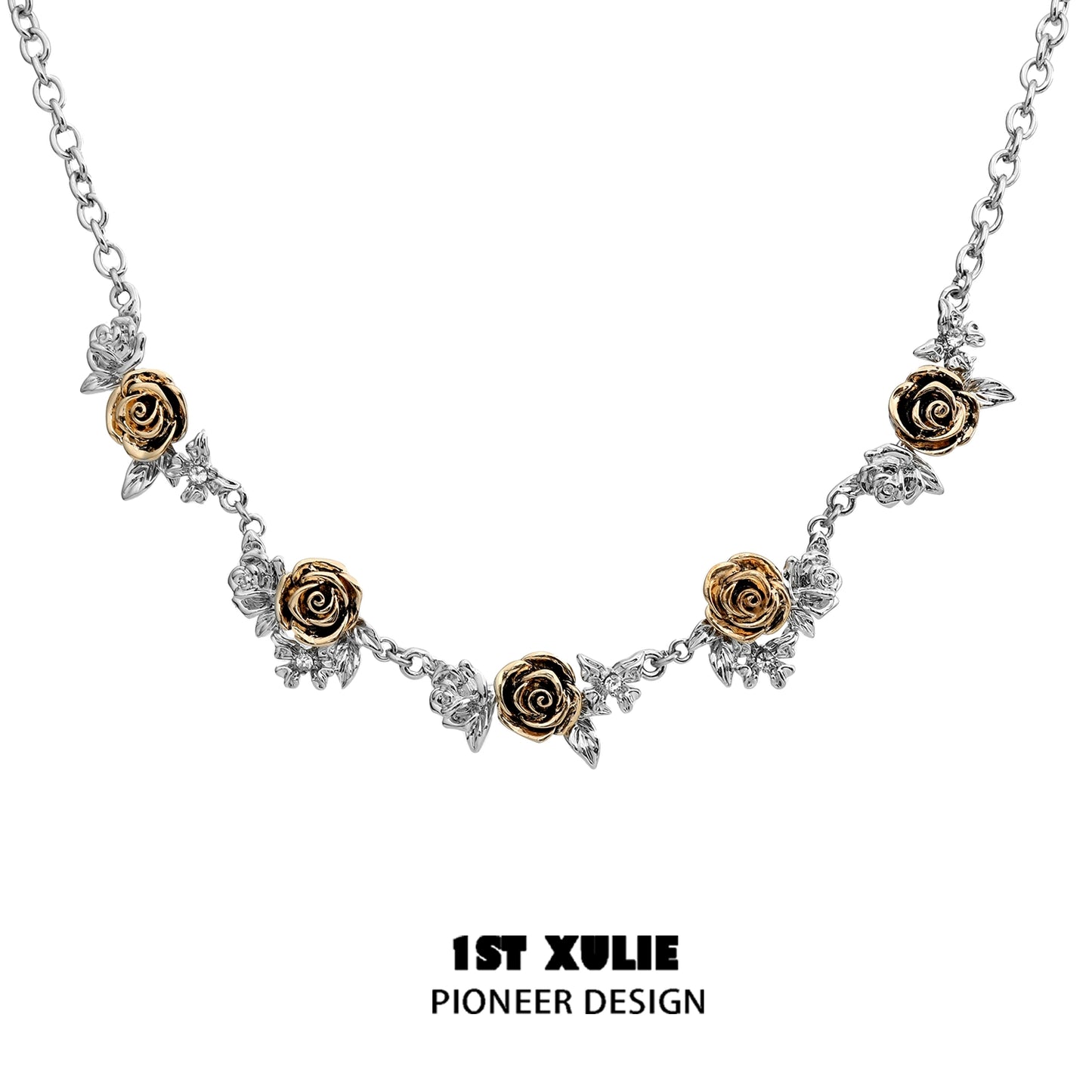 Vintage rose necklace features silver and gold roses with intricate leaf details for elegant style