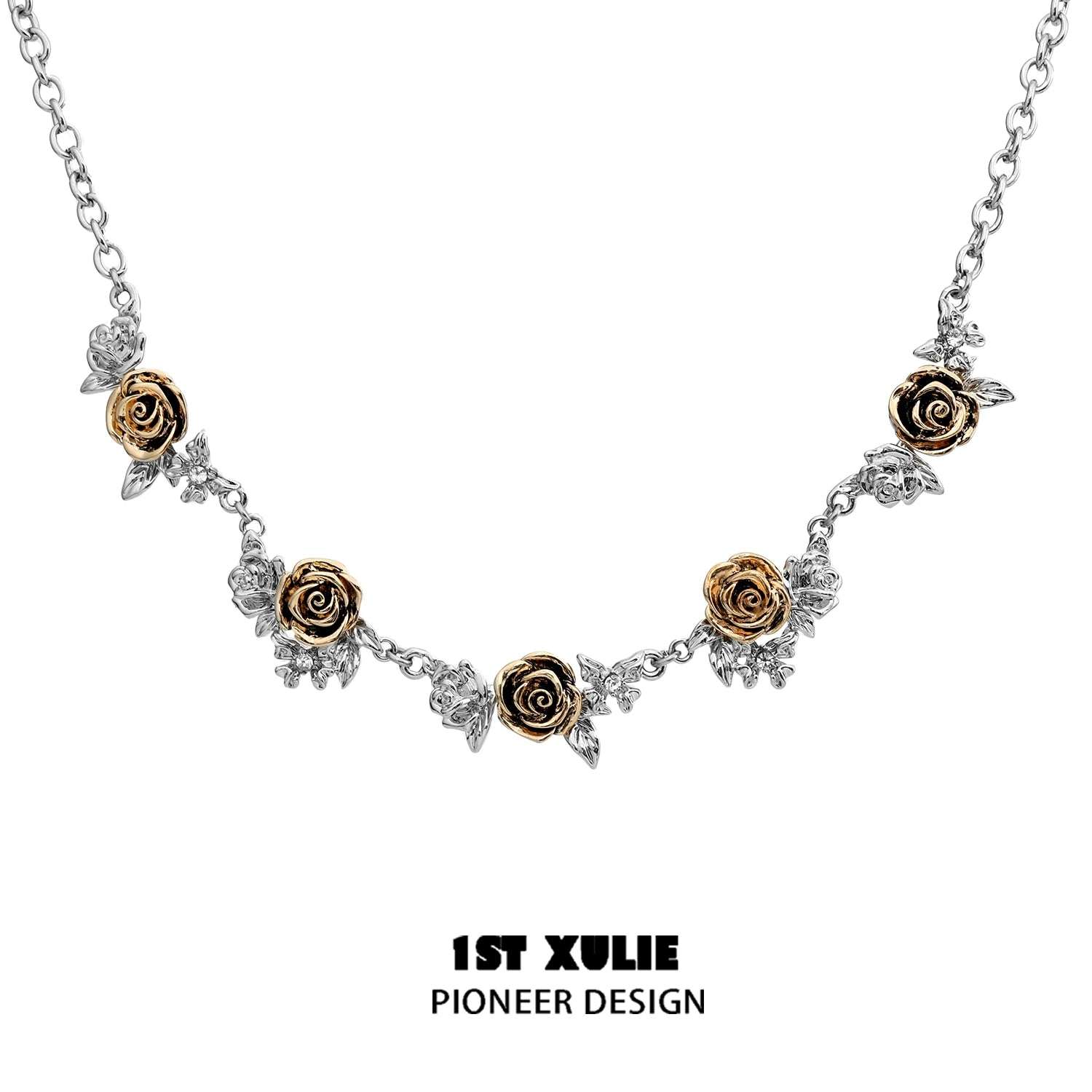Vintage rose necklace features silver and gold roses with intricate leaf details for elegant style