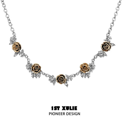 Vintage rose necklace features silver and gold roses with intricate leaf details for elegant style