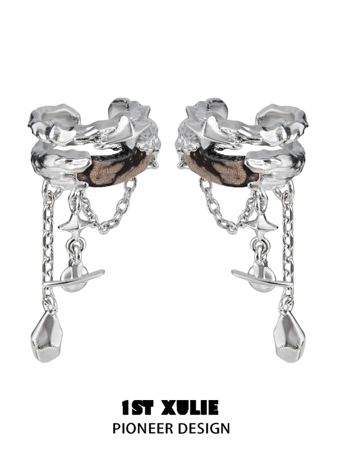 1ST XULIE Wasteland ear cuff earrings in silver with unique design and dangling chains