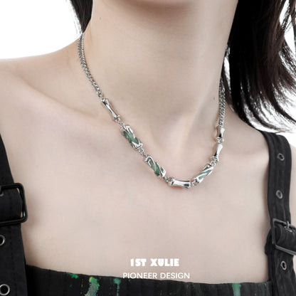 Y2K bamboo necklace featuring a unique design with green and silver elements for trendy style