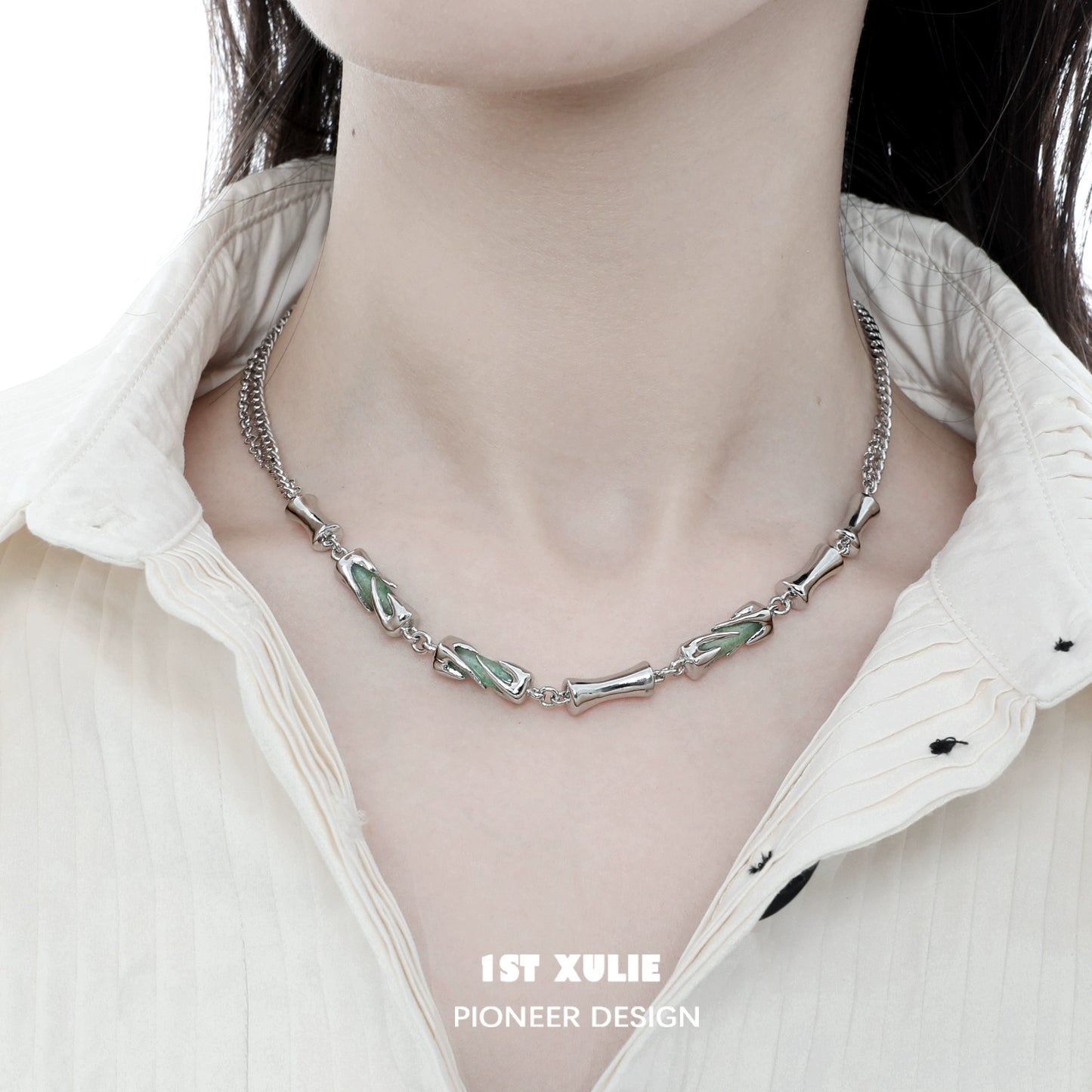 Y2K bamboo necklace featuring a mix of colorful elements and silver accents for a modern look