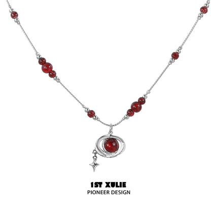 1STXULIE Y2K beaded necklace featuring red beads and a silver pendant for a trendy look