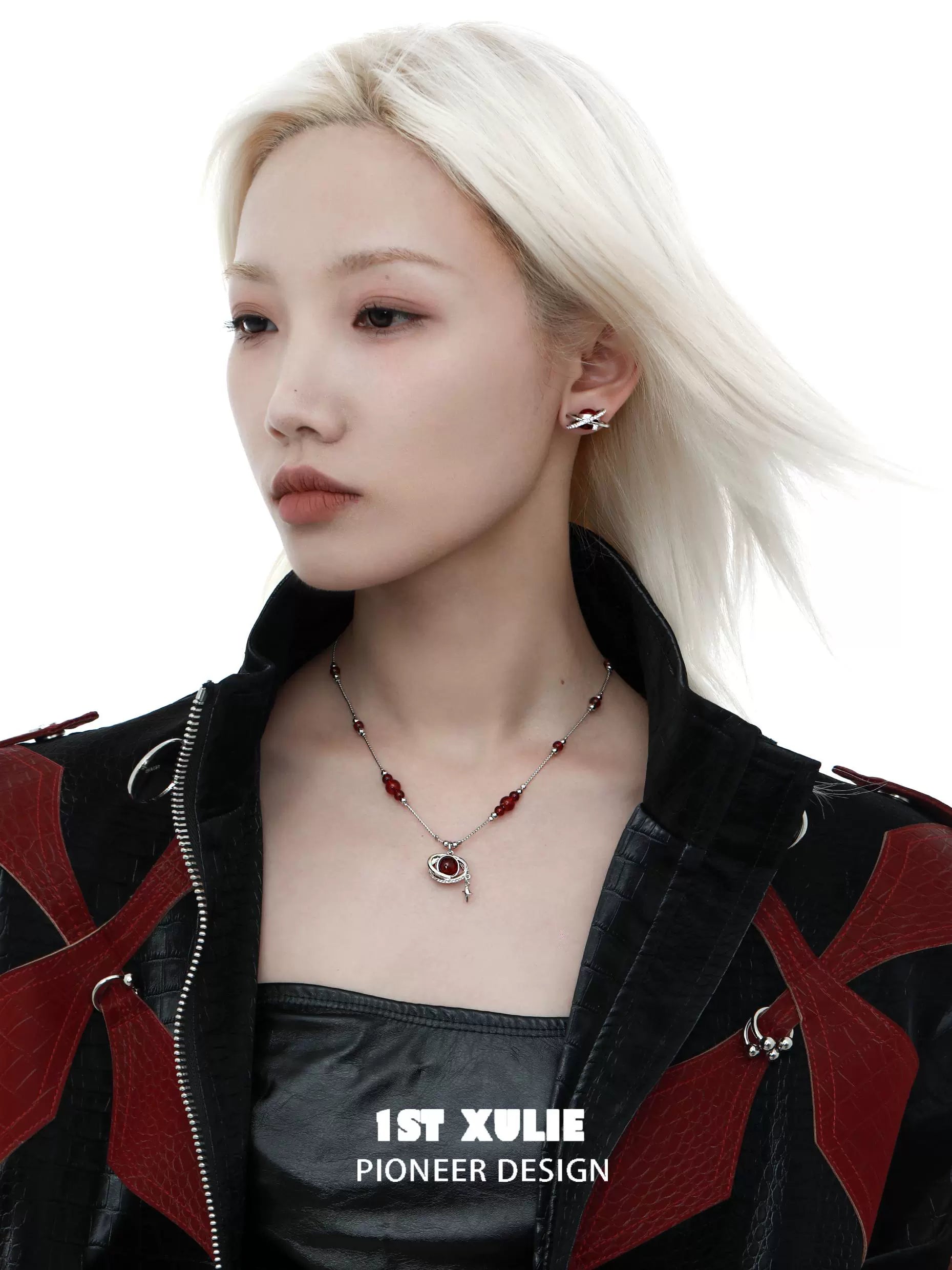 Model wearing a Y2K beaded necklace featuring colorful beads and a modern design