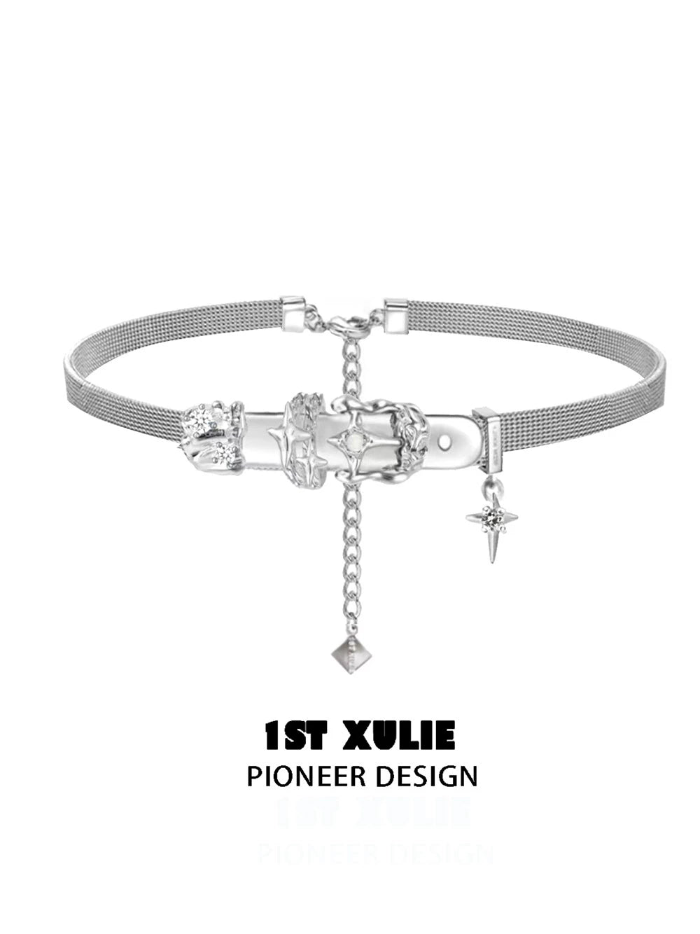 1ST XULIE Y2K belt buckle choker with a unique metal design and adjustable chain details