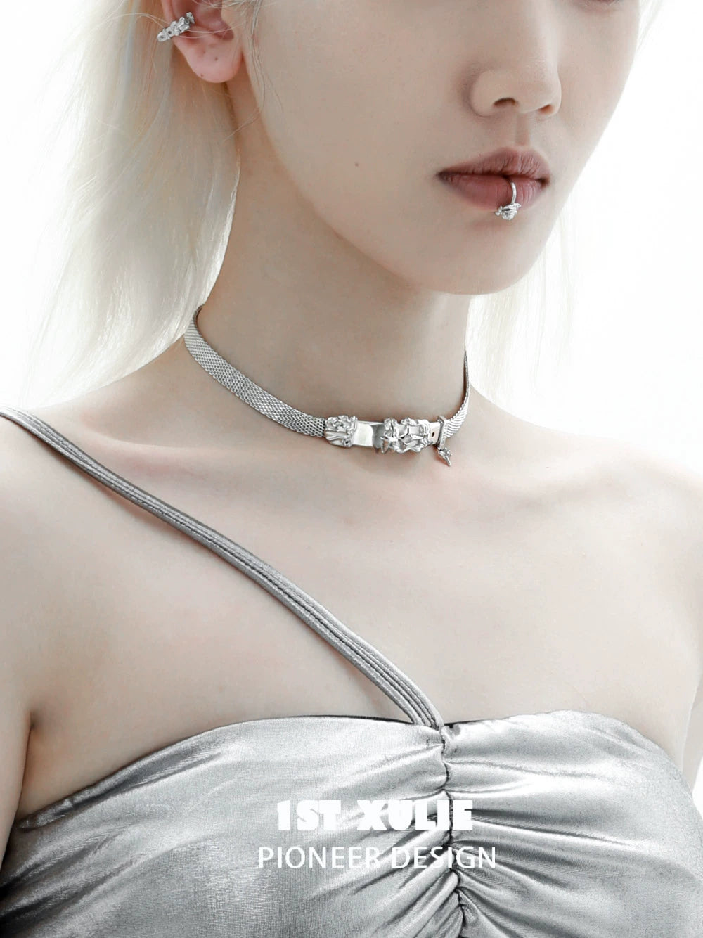 Stylish model wearing a Y2K belt buckle choker paired with a silver dress for a trendy look