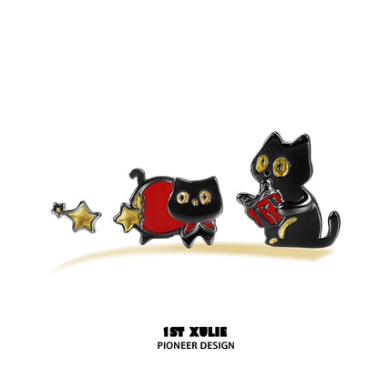 Y2K black cat earrings featuring playful designs with stars and gift elements