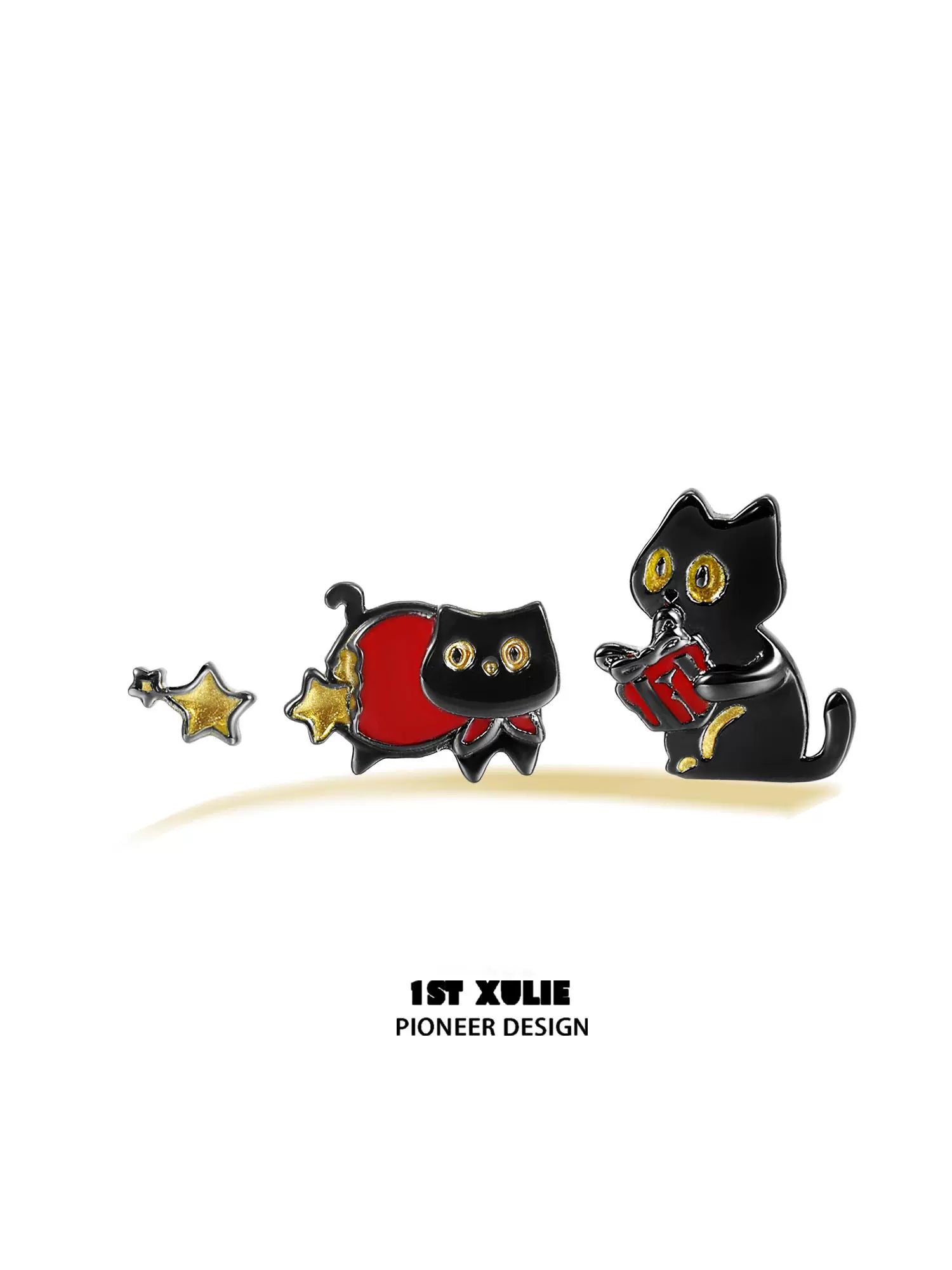 Y2K black cat earrings featuring playful cats with stars and gifts for a trendy accessory