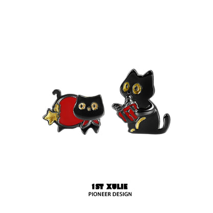 Y2K black cat earrings featuring playful designs with red accents for a trendy look