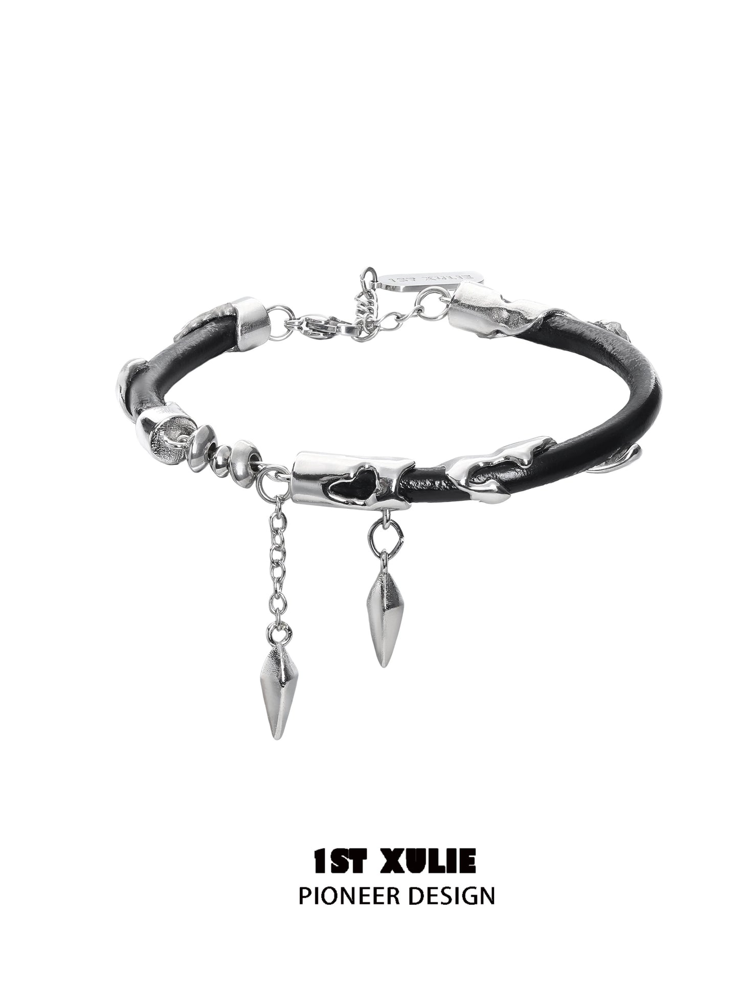 Y2K black chain leather bracelet featuring metal spikes and edgy design by 1ST XULIE