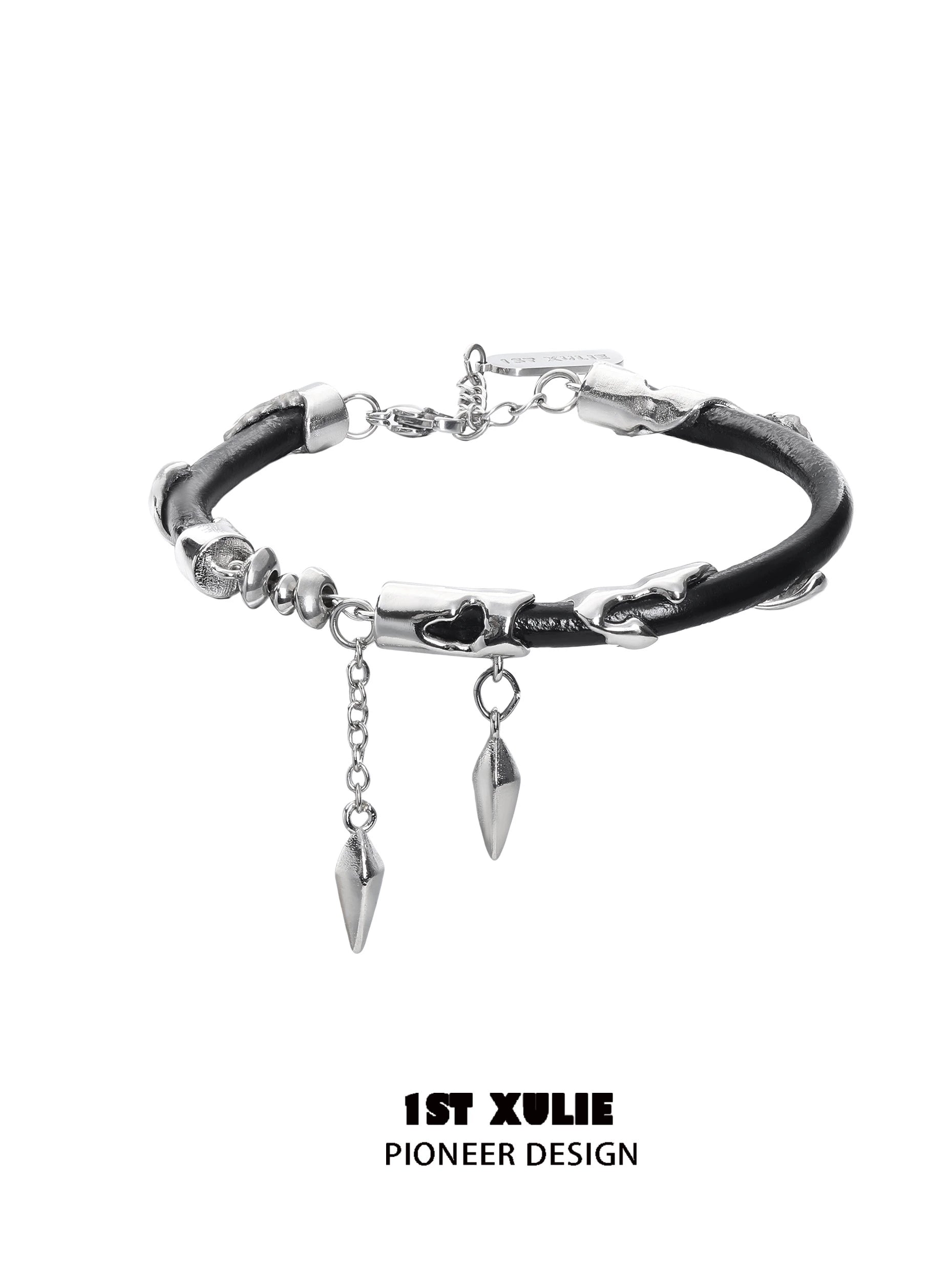 Y2K black chain leather bracelet featuring metal spikes and edgy design by 1ST XULIE