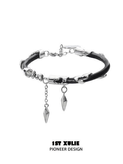 Y2K black chain leather bracelet featuring metal spikes and edgy design by 1ST XULIE