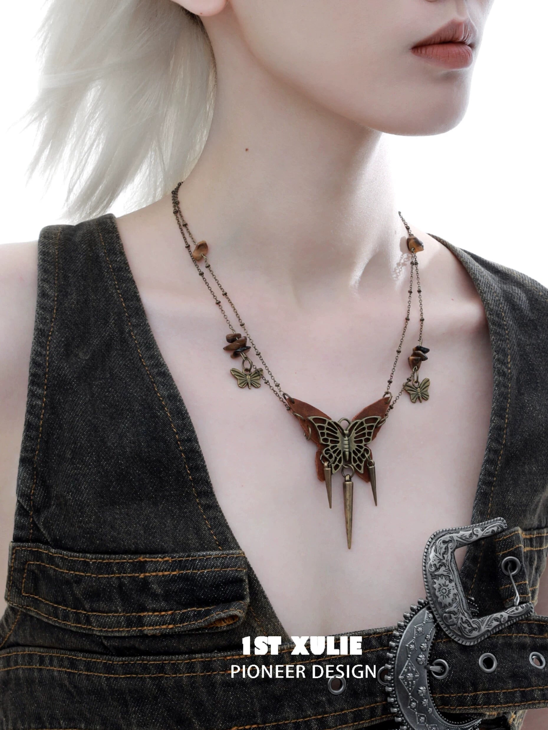 Y2K butterfly leather necklace with intricate butterfly design and unique beads