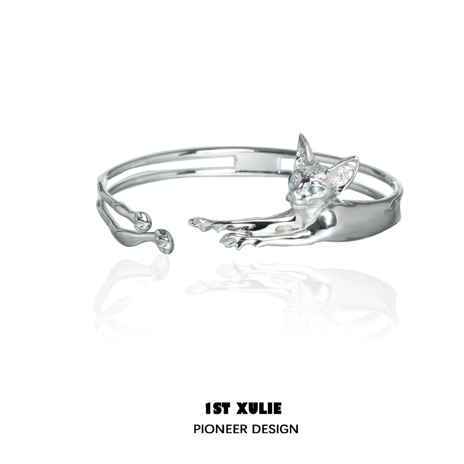 Silver Y2K cat bracelet featuring a playful cat design with sparkling details