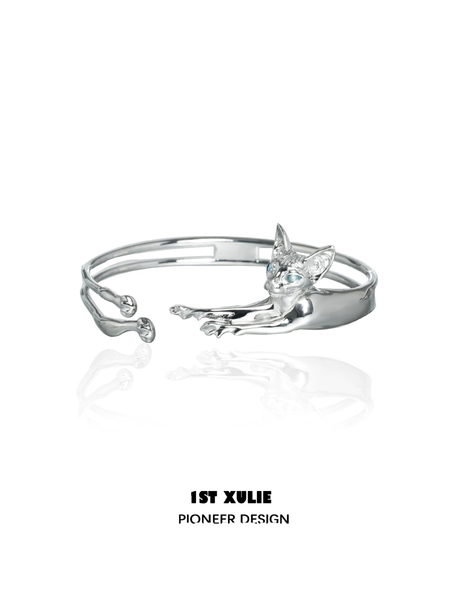 Silver Y2K cat bracelet featuring a playful cat design with blue gemstones for a trendy look