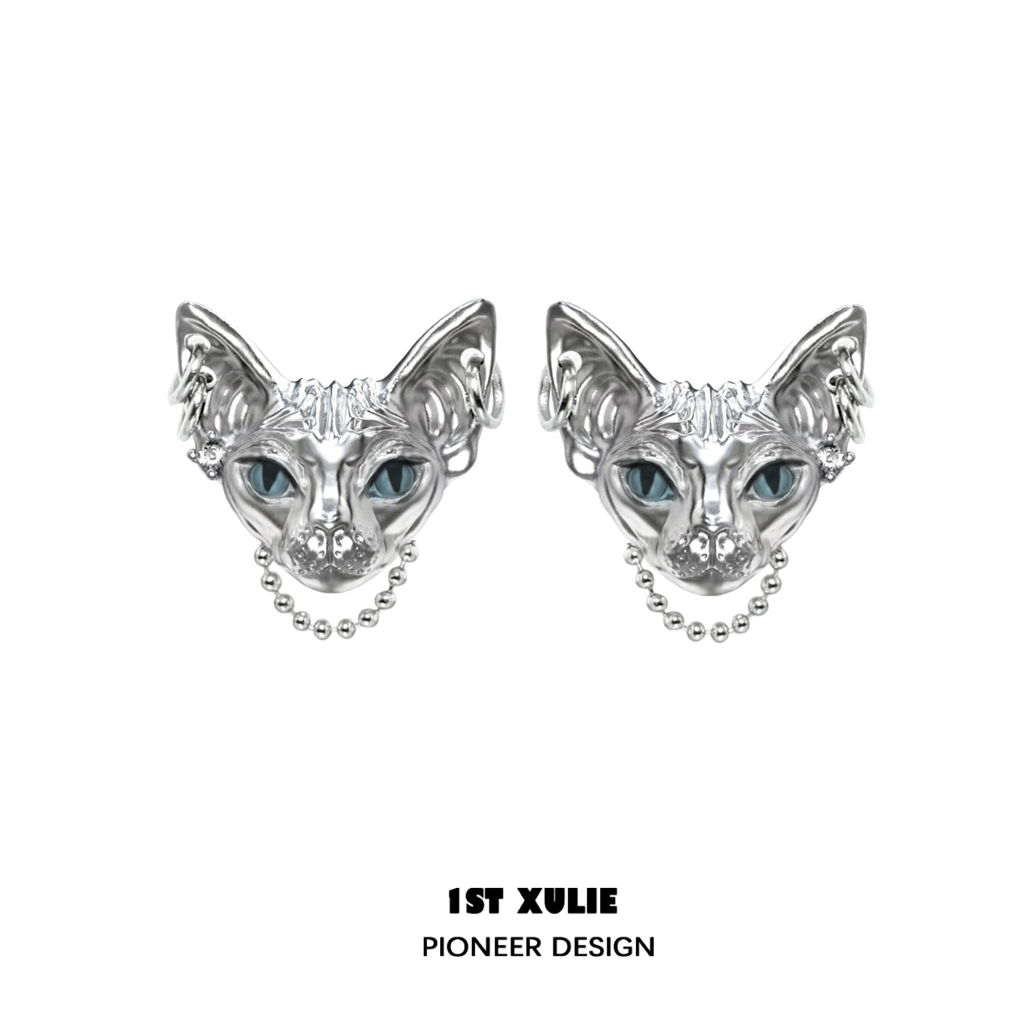 Stylish Y2K cat chain earrings featuring intricate silver cat design with blue eyes