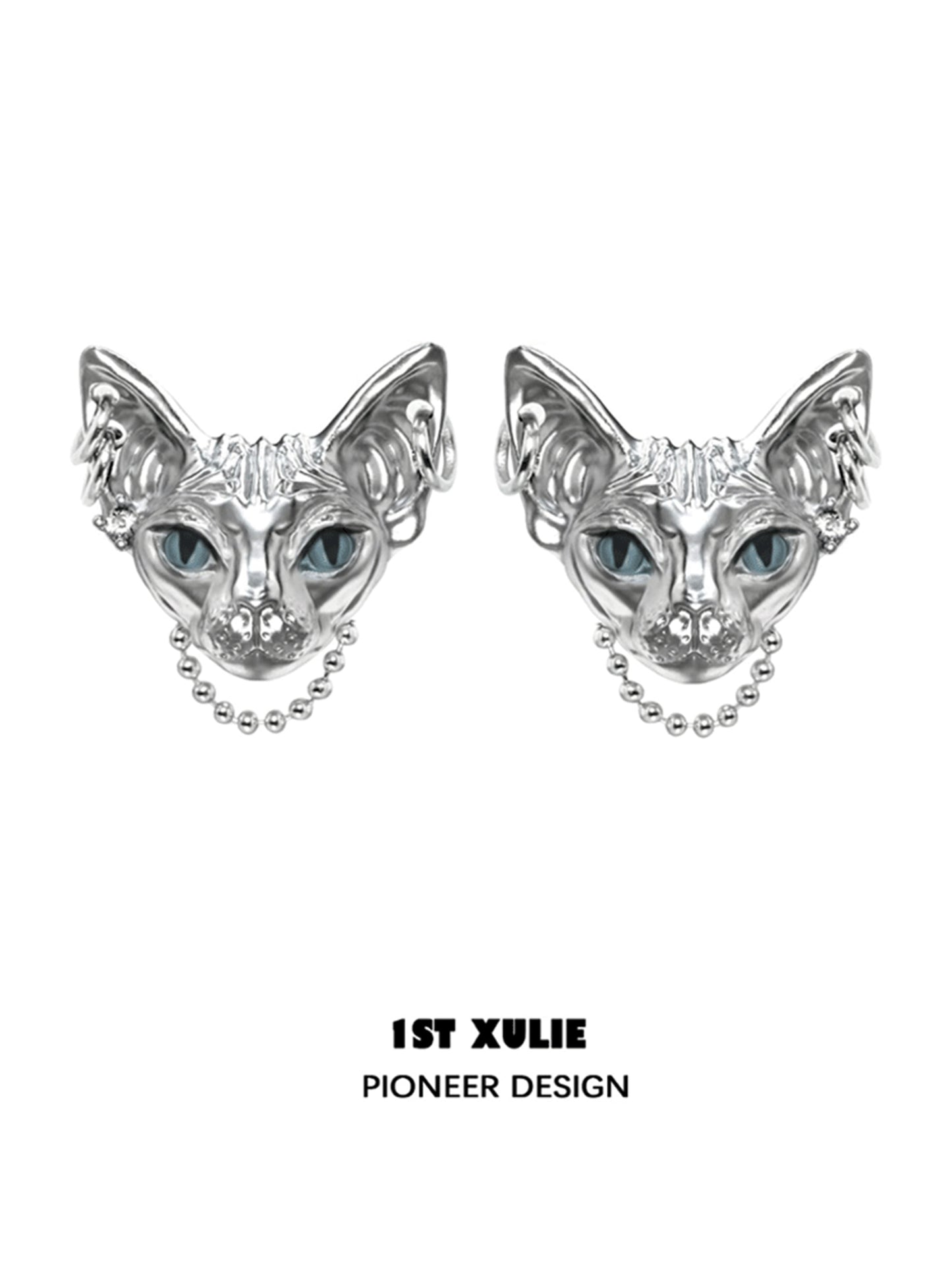 Y2K cat chain earrings in silver with intricate cat face design and blue eyes