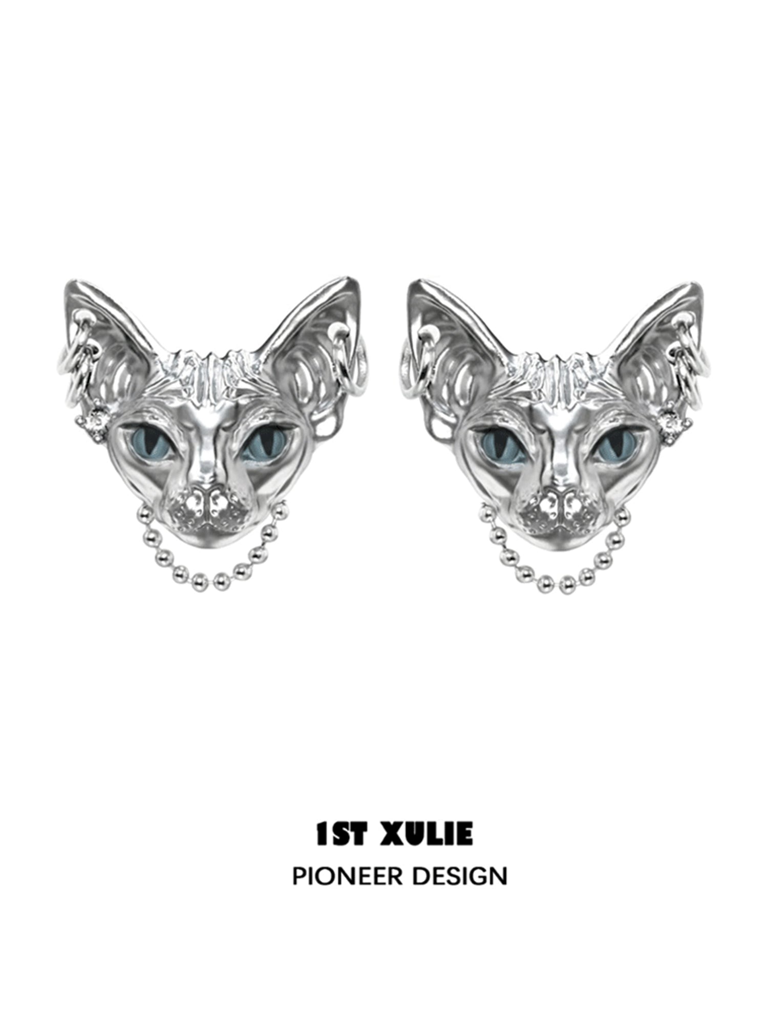 Y2K cat chain earrings in silver with intricate cat face design and blue eyes
