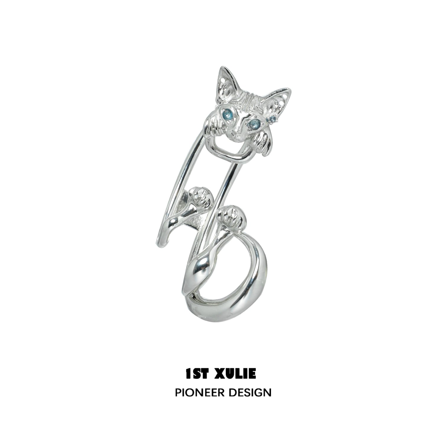 Y2K cat ear cuff with a playful cat design and sparkling blue eyes by 1ST XULIE