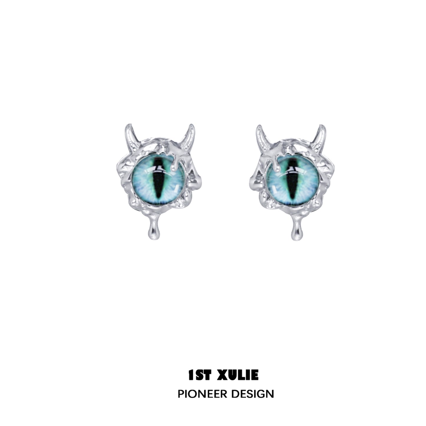 1ST XULIE Y2K demon eye earrings with a unique silver design and vibrant teal eye details