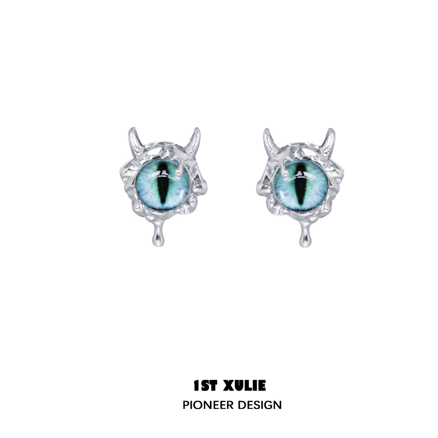 1ST XULIE Y2K demon eye earrings with a unique silver design and vibrant teal eye details