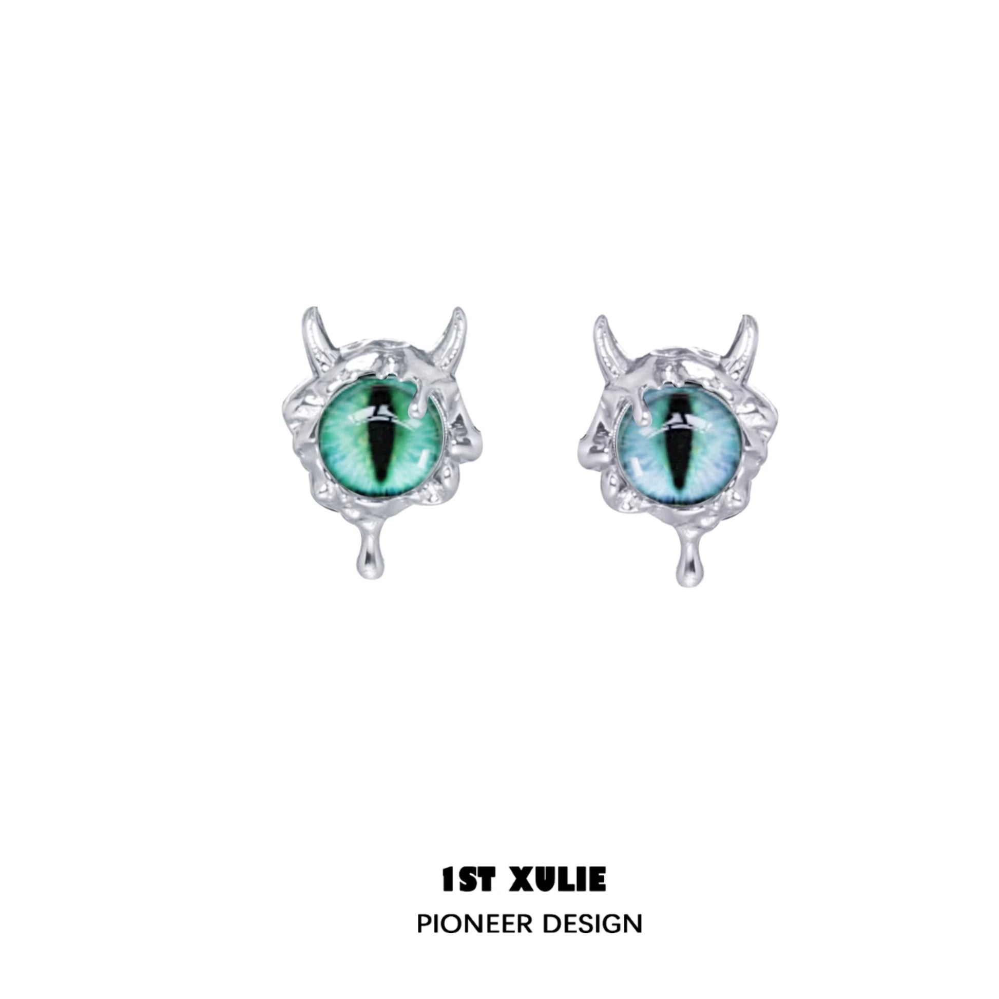 Y2K demon eye earrings featuring a green and black eye design with silver detailing for a unique look