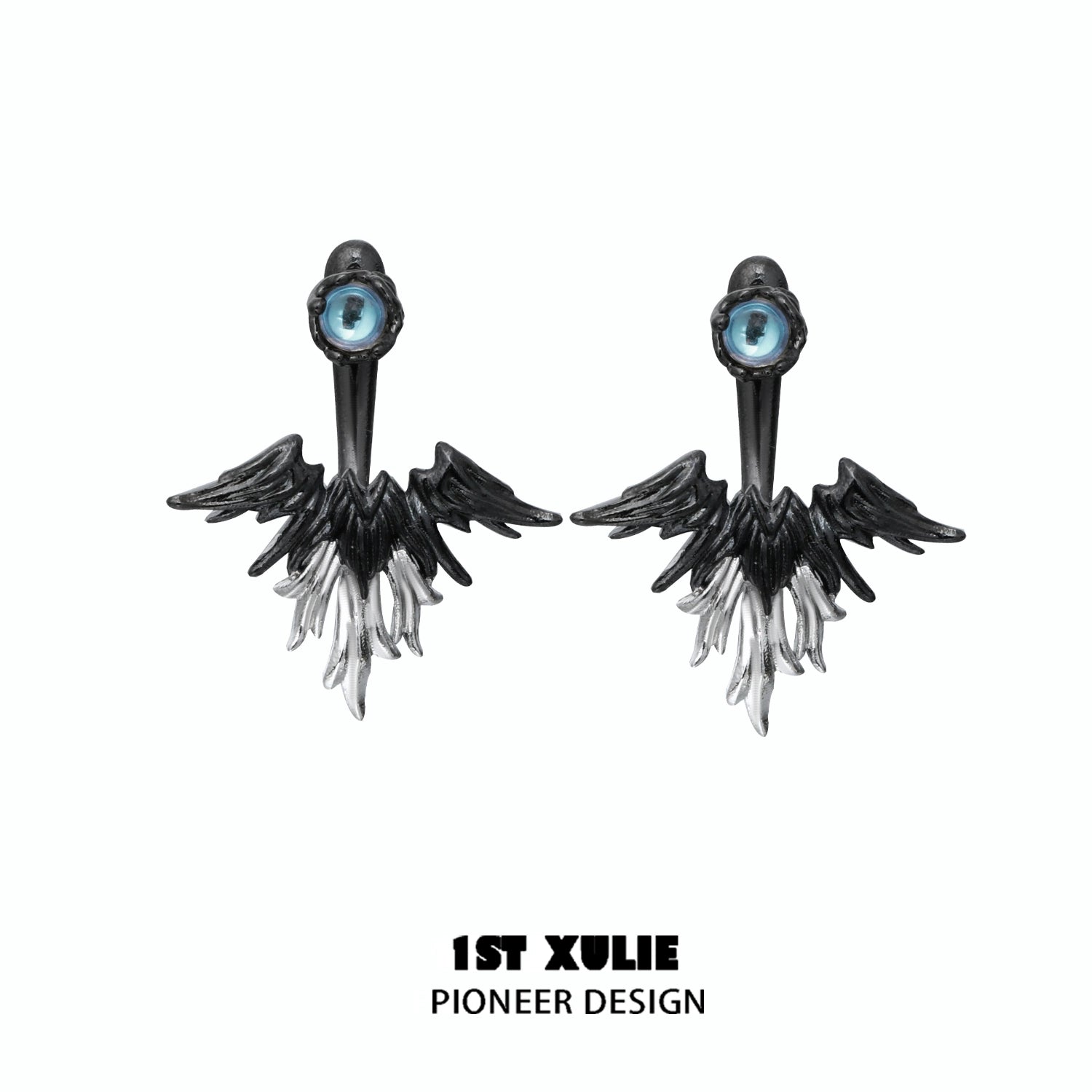 Y2K devil wing earrings featuring a striking black and white design with an eye detail