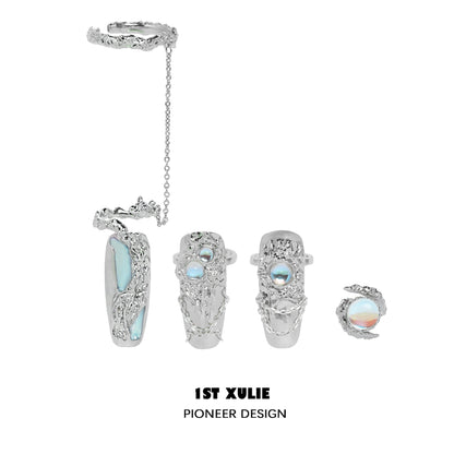 Y2K fairy nail chain ring set from 1STXULIE featuring unique textured designs and colorful gems
