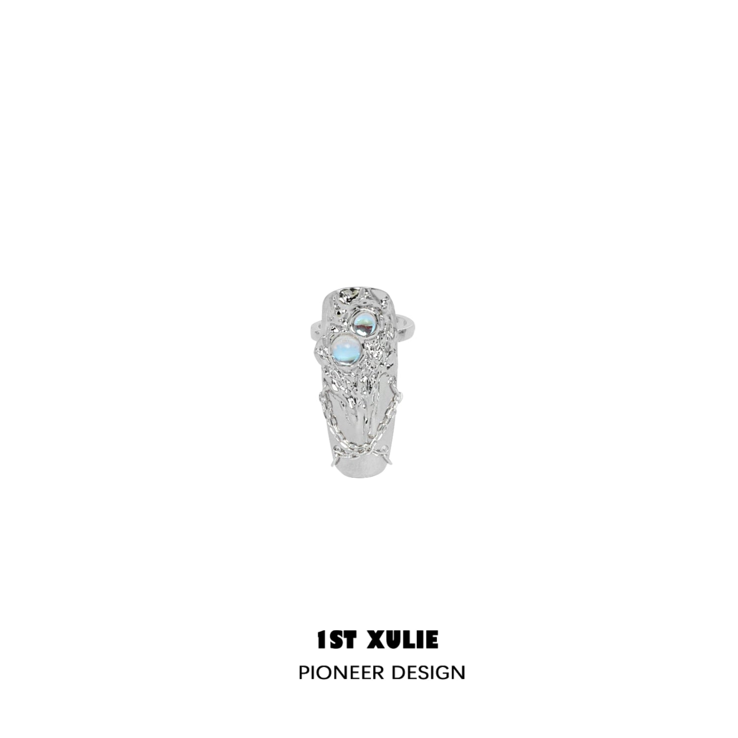 1ST XULIE Y2K fairy nail chain ring in silver with intricate design and an opal gemstone