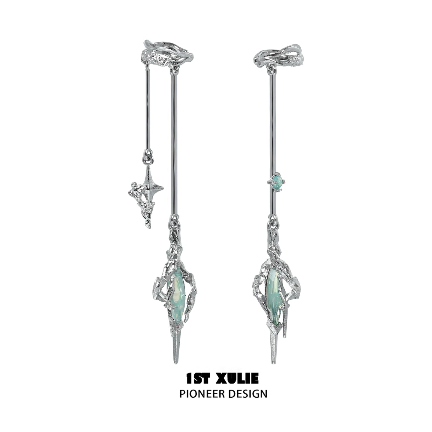 Y2K fantasy earrings with silver design and green gemstones for a stylish look