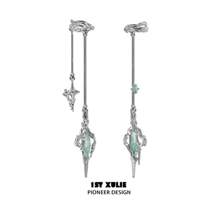 Y2K fantasy earrings with silver design and green gemstones for a stylish look