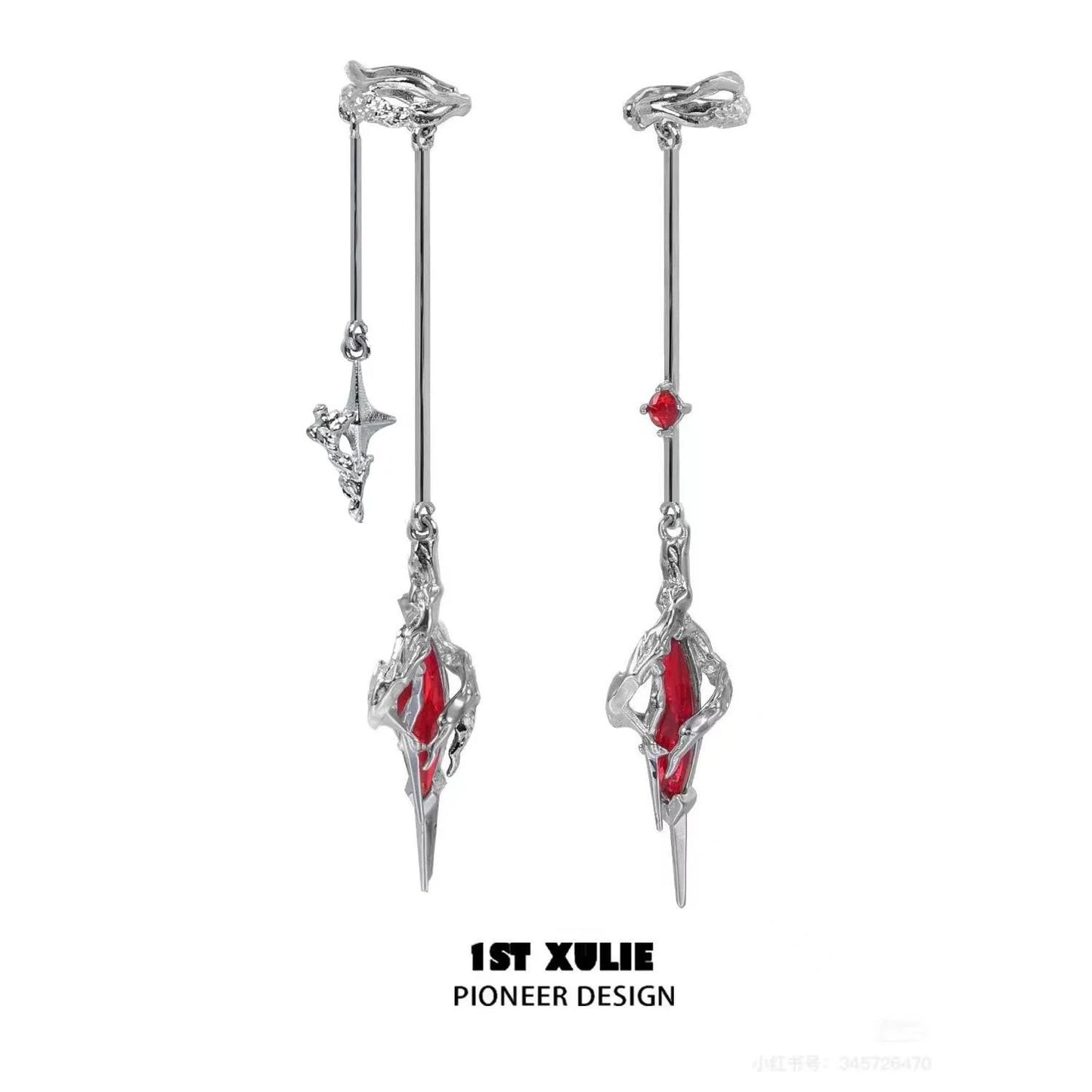 1STXULIE Y2K fantasy earrings with silver finish and red gemstone accents for a unique style