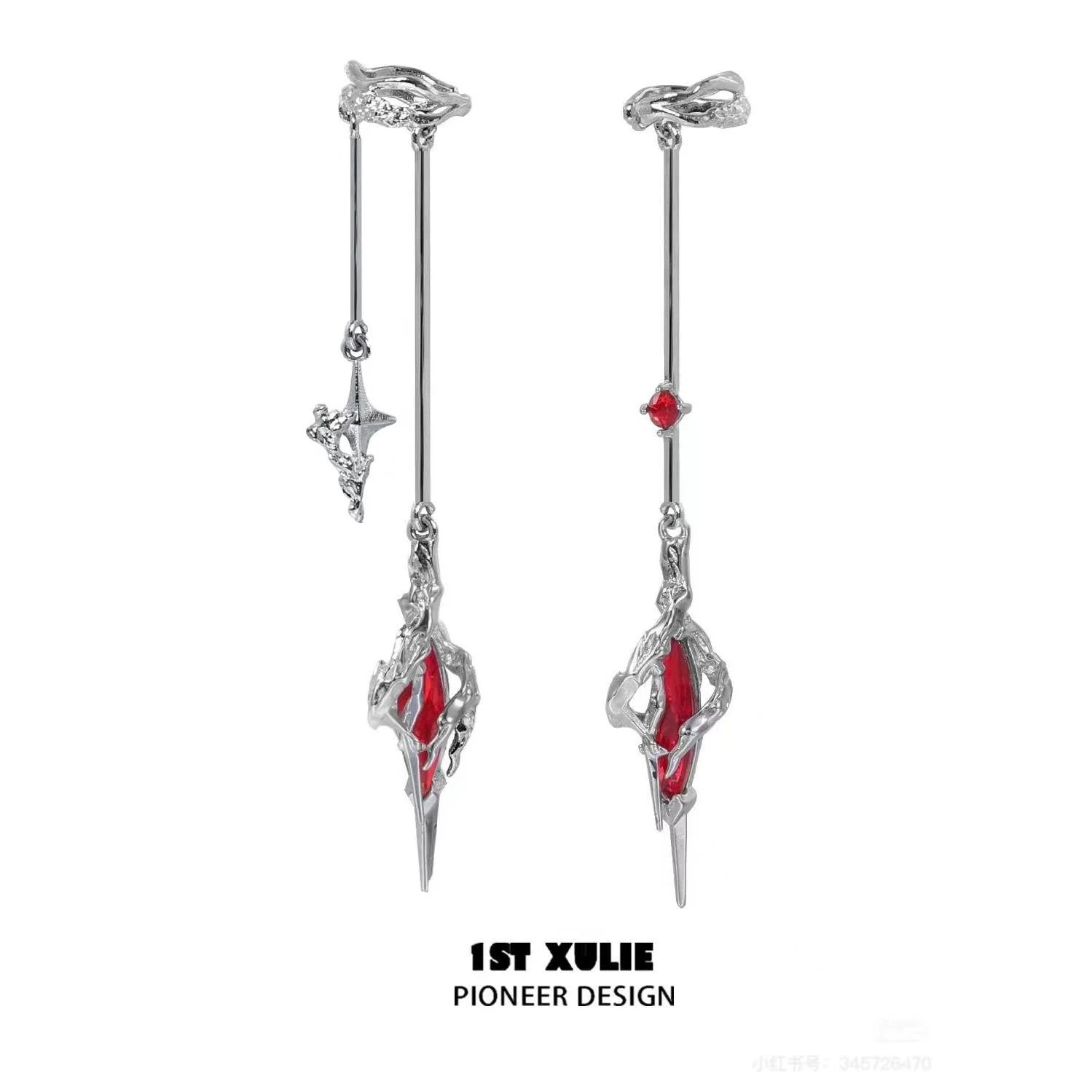 1STXULIE Y2K fantasy earrings with silver finish and red gemstone accents for a unique style