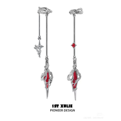 1STXULIE Y2K fantasy earrings with silver finish and red gemstone accents for a unique style