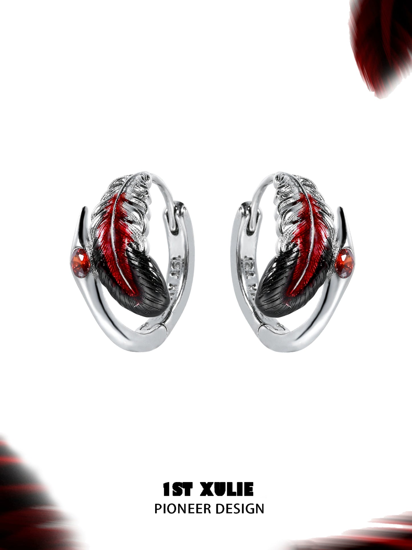 1ST XULIE Y2K feather earrings in silver with red accents for a trendy look