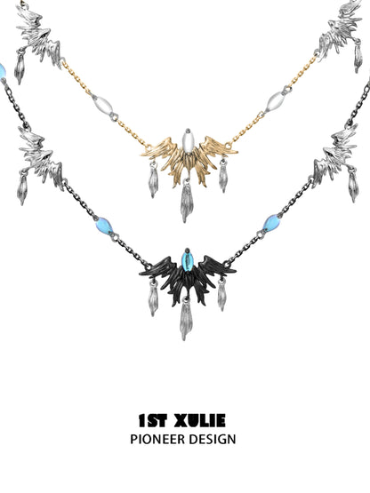 Y2K feather necklace featuring unique wing designs in silver and gold tones for a trendy look