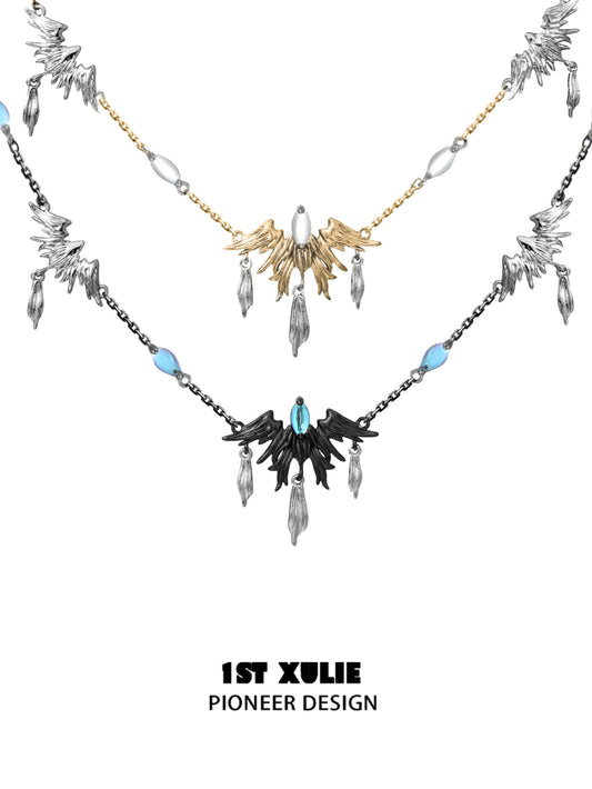 Y2K feather necklace featuring unique wing designs in silver and gold tones for a trendy look