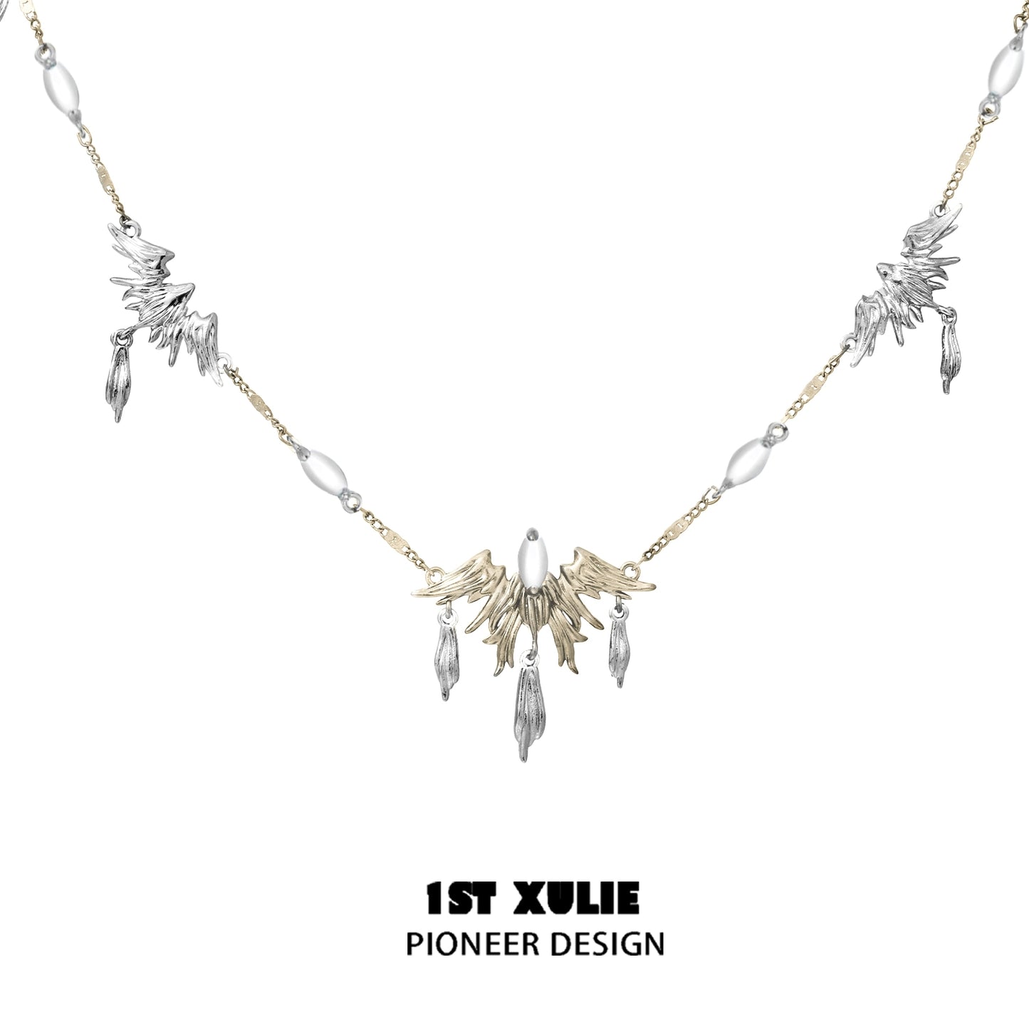 Y2K feather necklace in silver and gold with unique bird and feather pendants