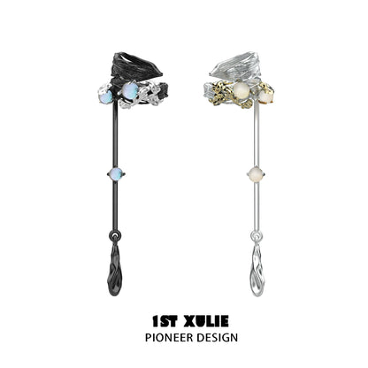 1STXULIE Y2K feather tassel ear clip featuring unique design with opal stones and metal accents