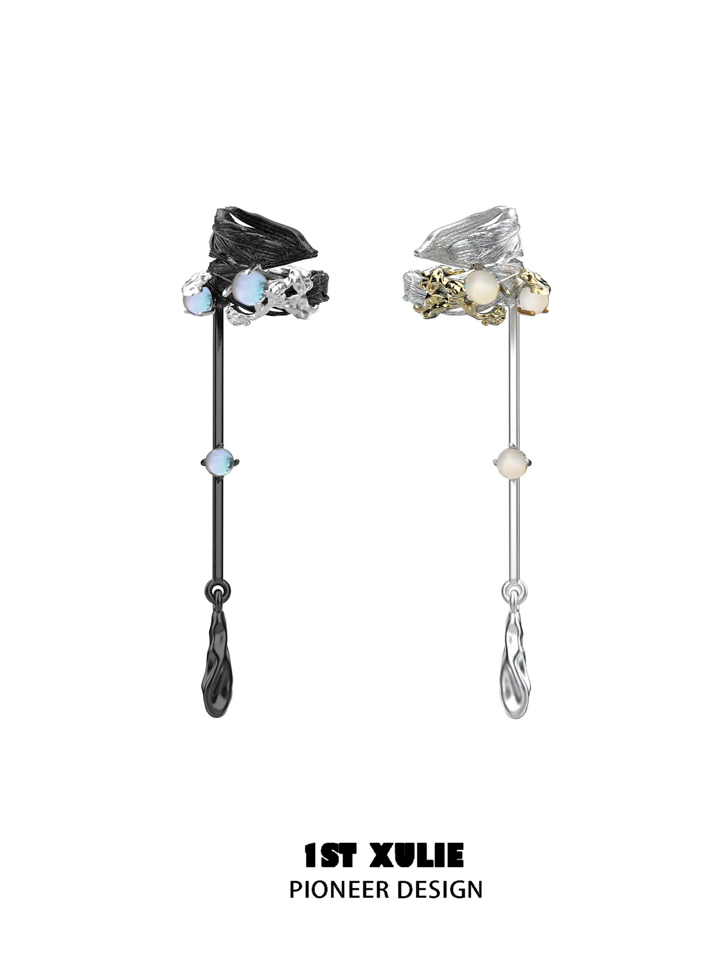 Y2K feather tassel ear clip in silver and black with elegant gemstone accents for trendy accessories