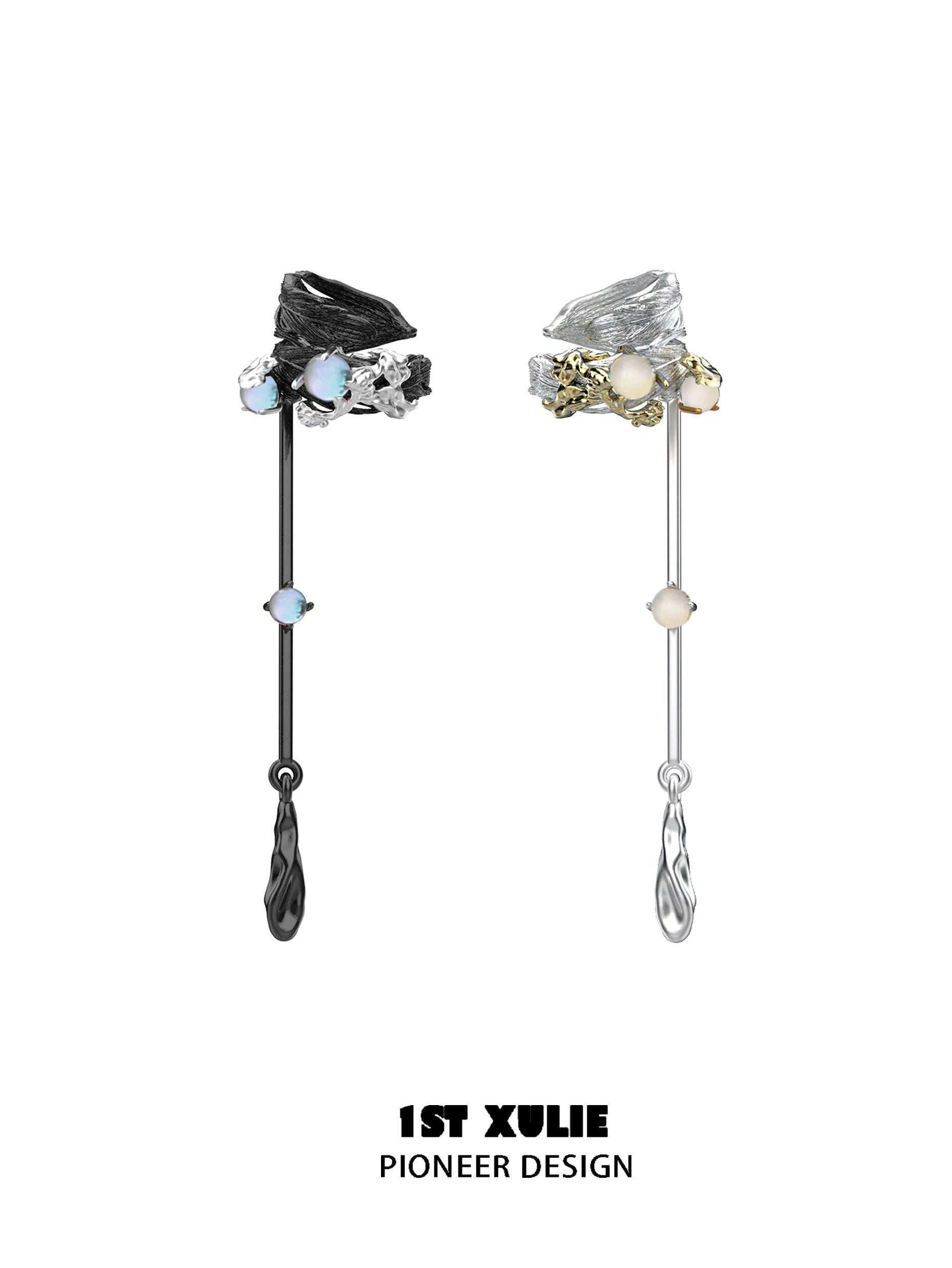Y2K feather tassel ear clip in silver and black with elegant gemstone accents for trendy accessories