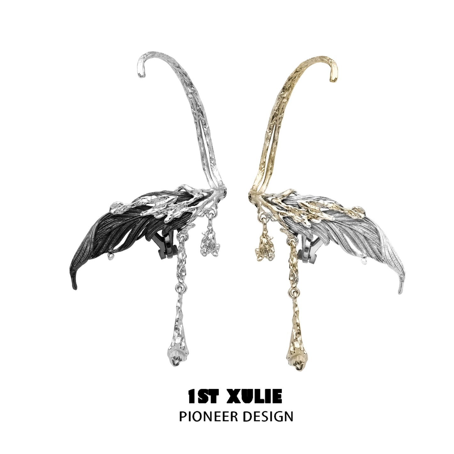 Y2K feather tassel earrings in silver and gold with intricate detailing and elegant design