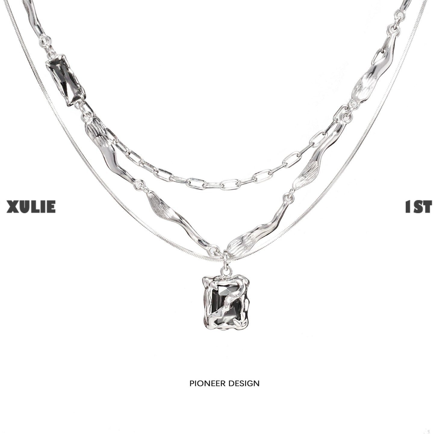1STXULIE Y2K frost gem necklace featuring layered silver chains and a unique pendant design