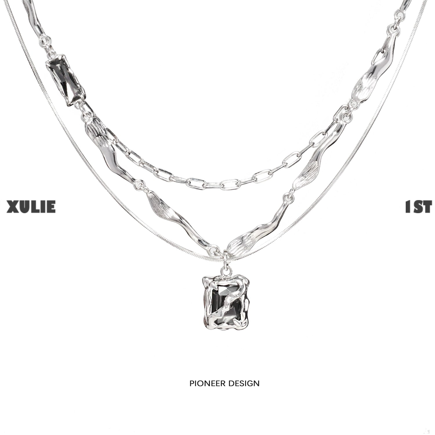 1STXULIE Y2K frost gem necklace featuring layered silver chains and a unique pendant design