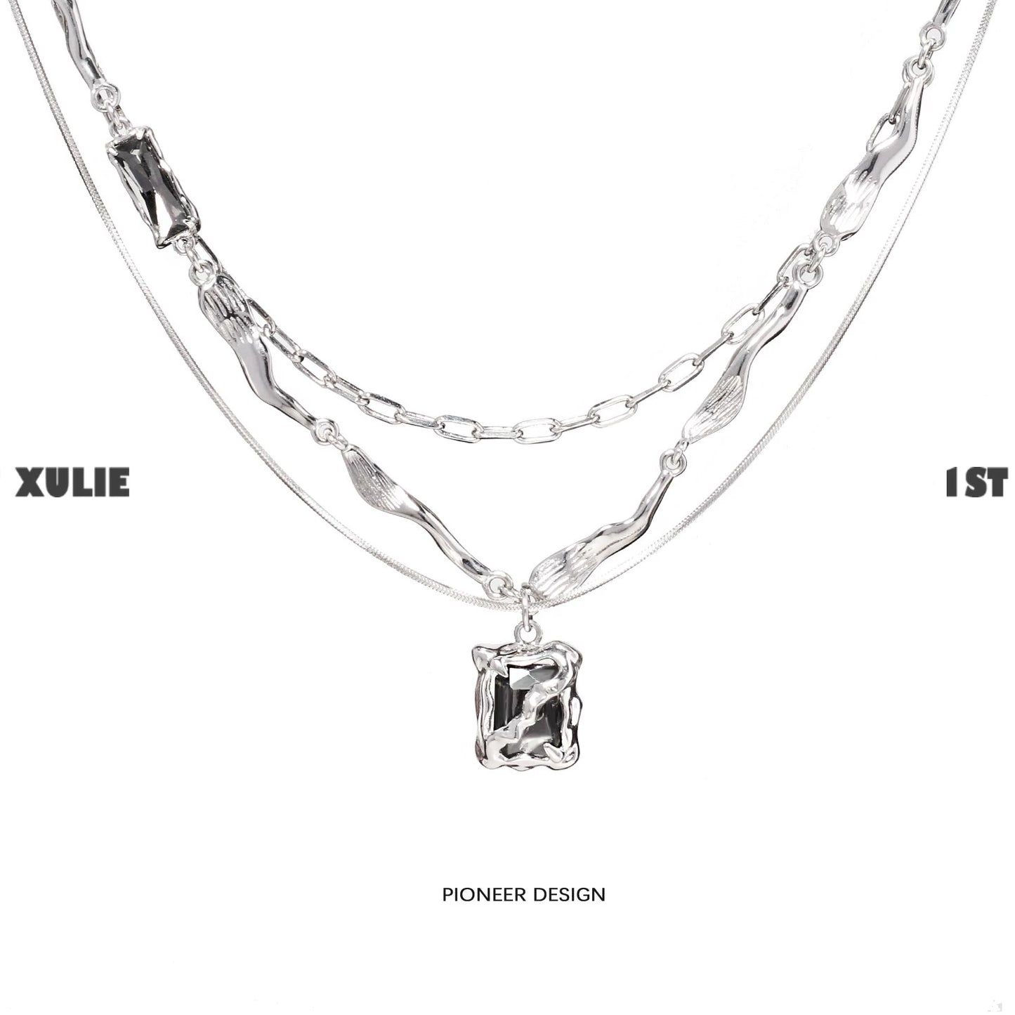 Y2K frost gem necklace featuring layered silver chains and a unique pendant design