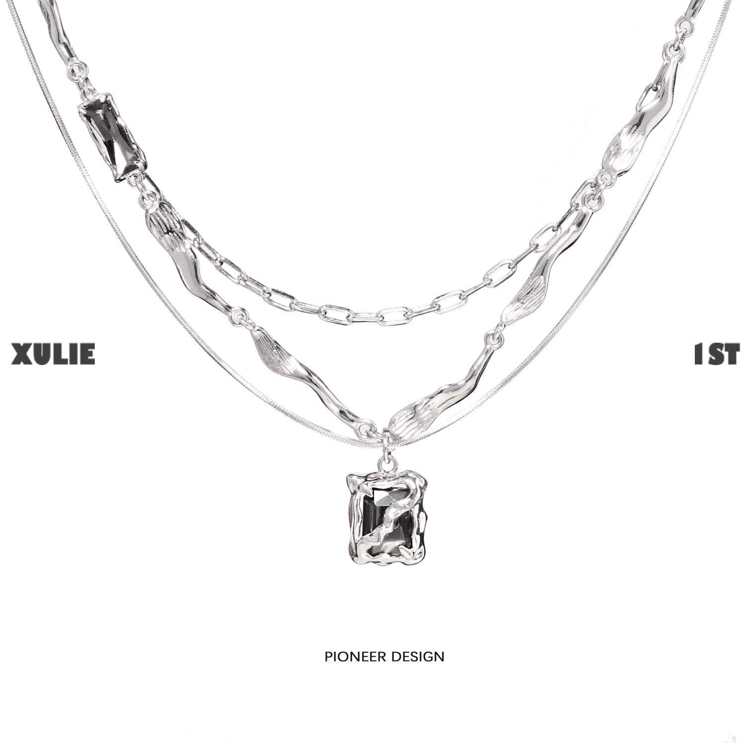 Y2K frost gem necklace featuring layered silver chains and a unique pendant design