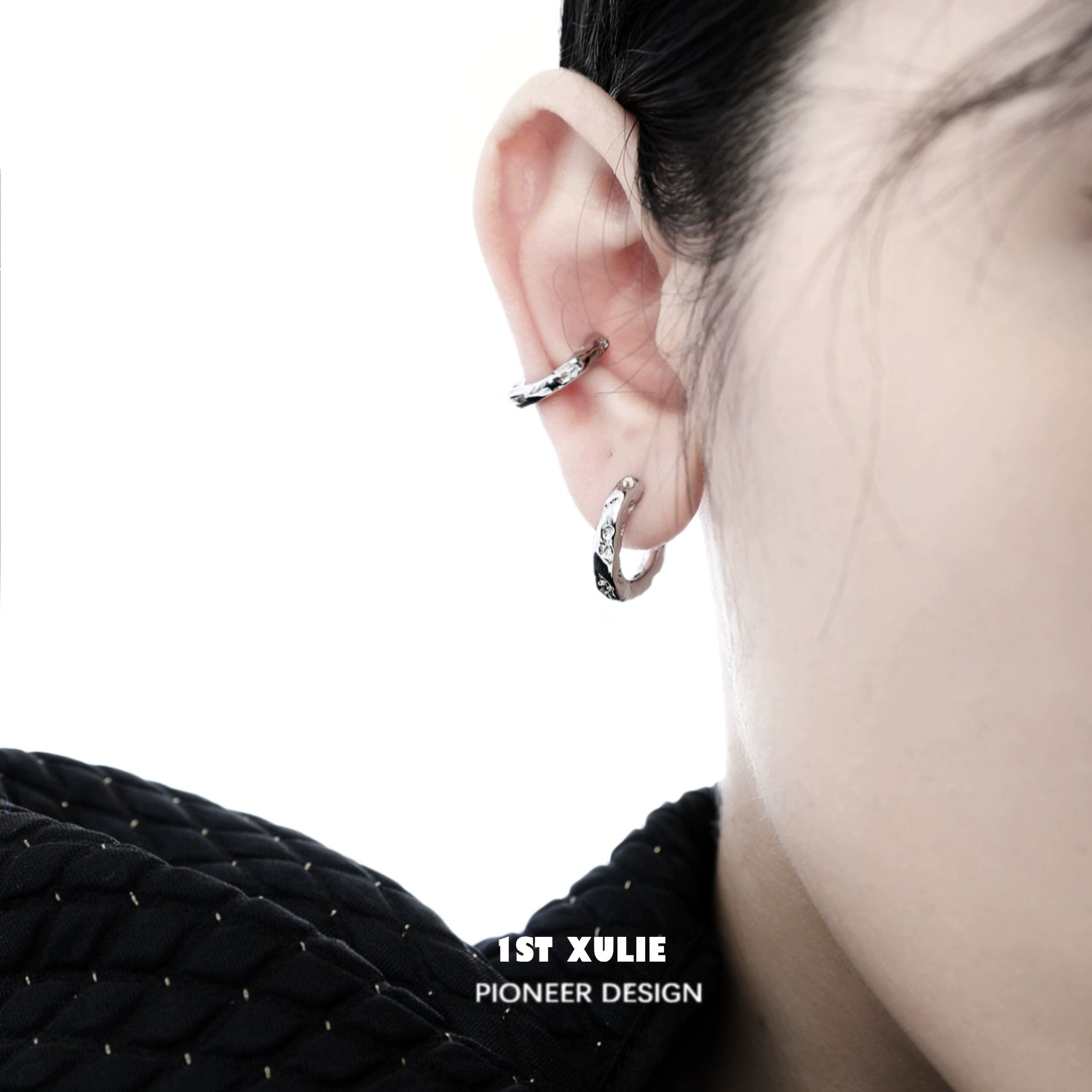 Stylish Y2K frosted ear cuff displayed on model with textured earlobe accessory