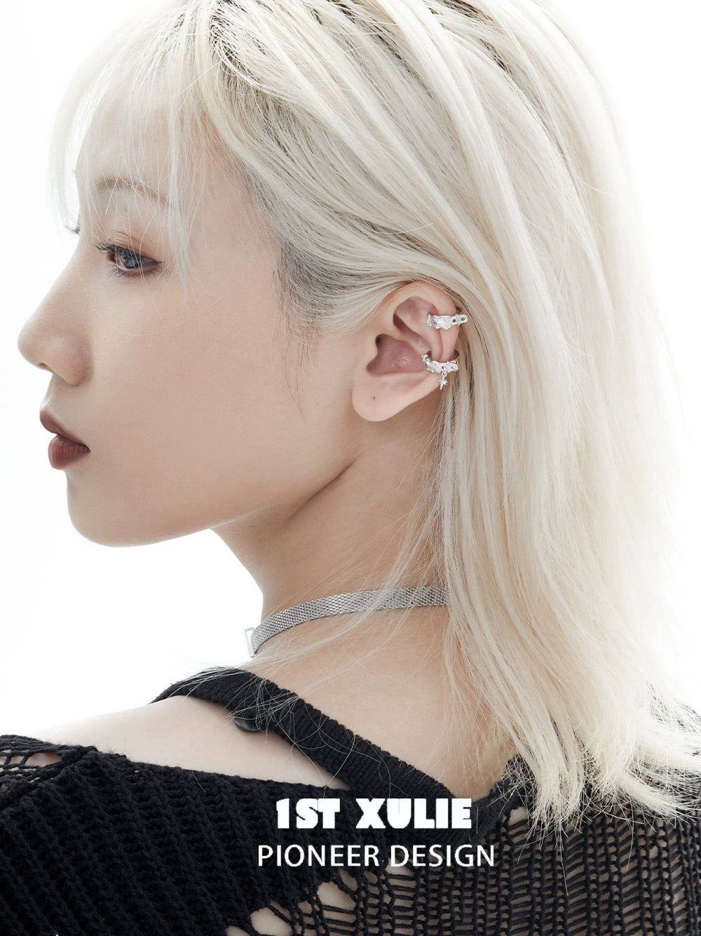 Stylish model wearing Y2K frozen breeze ear clips showcasing a unique design and modern aesthetic