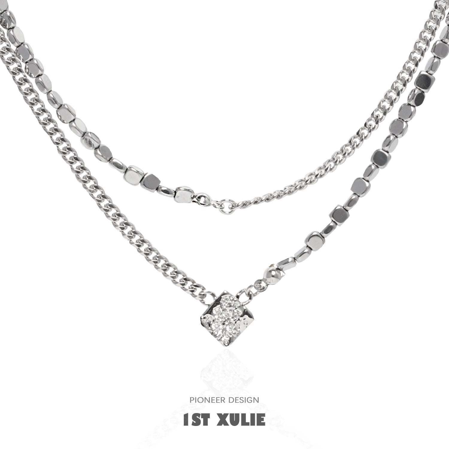 1ST XULIE Y2K galaxy necklace with layered silver chains and a sparkling centerpiece